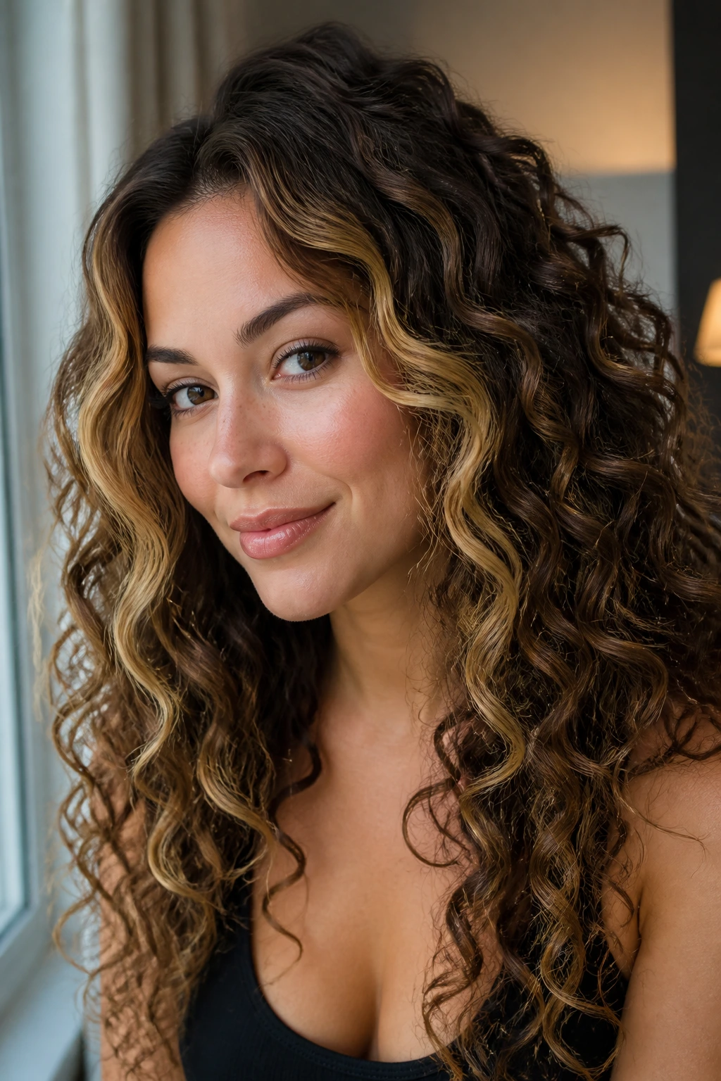 Face-framing caramel money pieces on curly hair