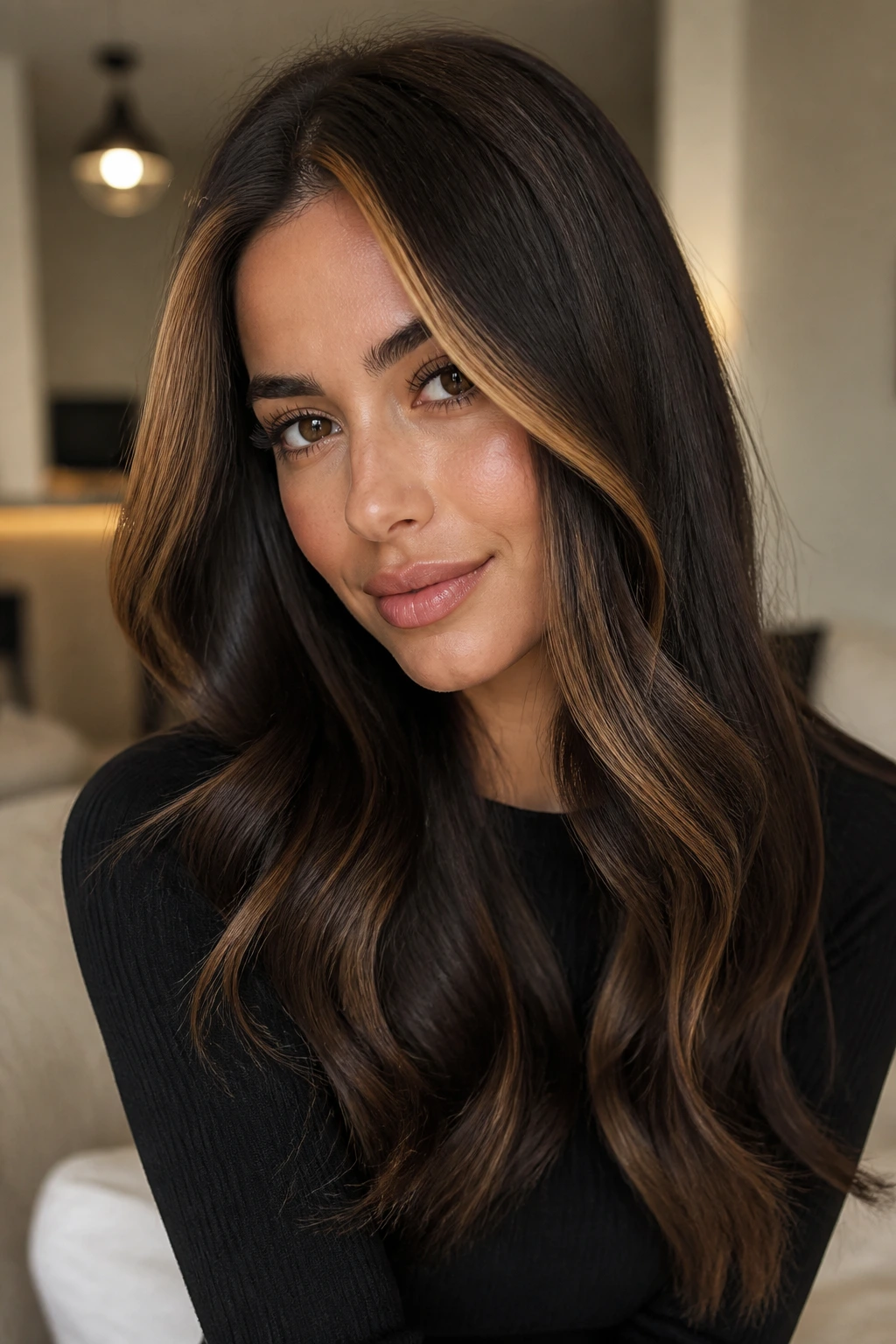 Close-up of deep base hair with caramel money piece framing the face