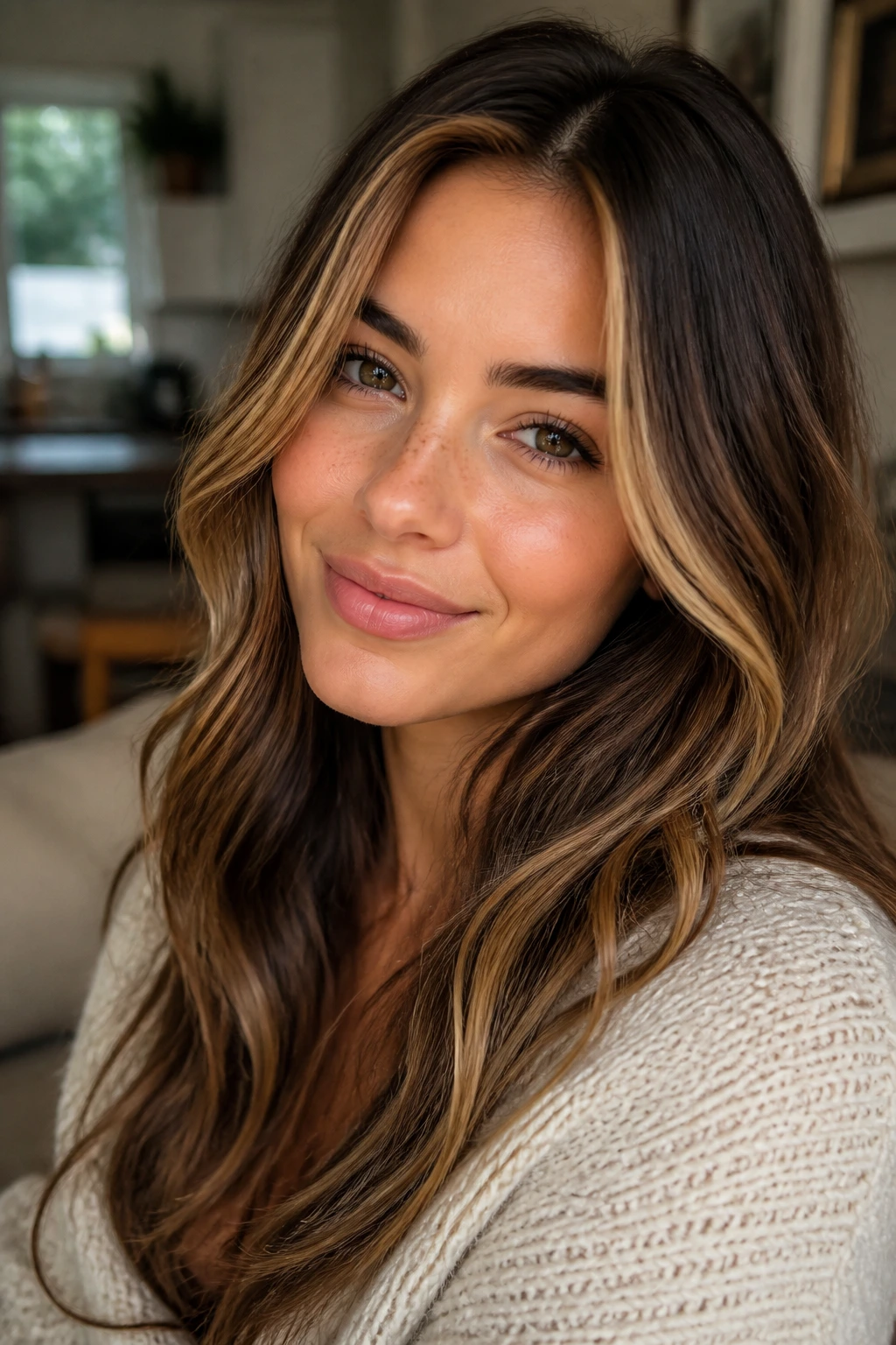 Close-up portrait of a real woman with caramel money piece blonde face-framing highlights and darker roots.