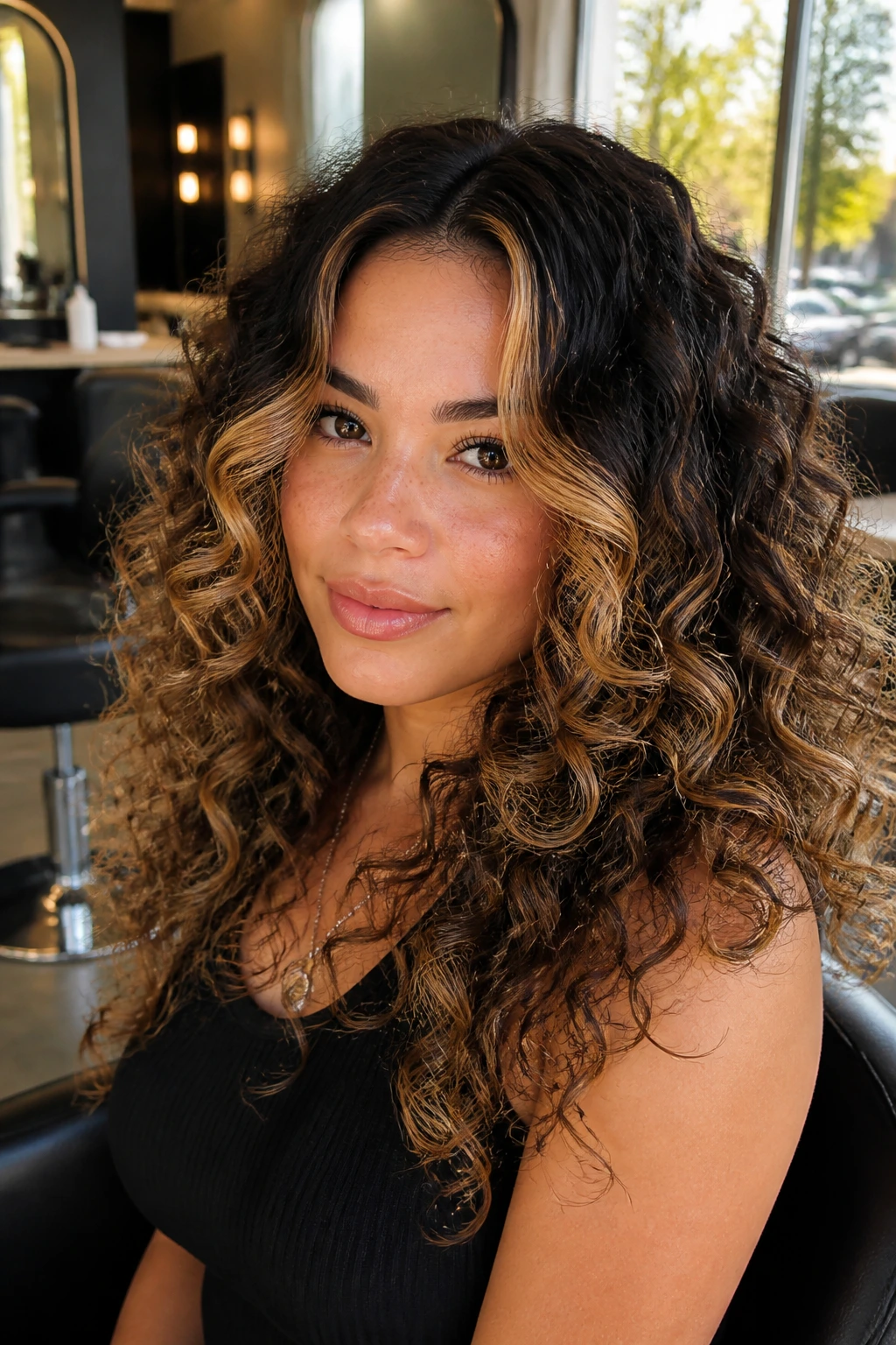 Close-up of a real person with a shadow root and caramel money piece curls