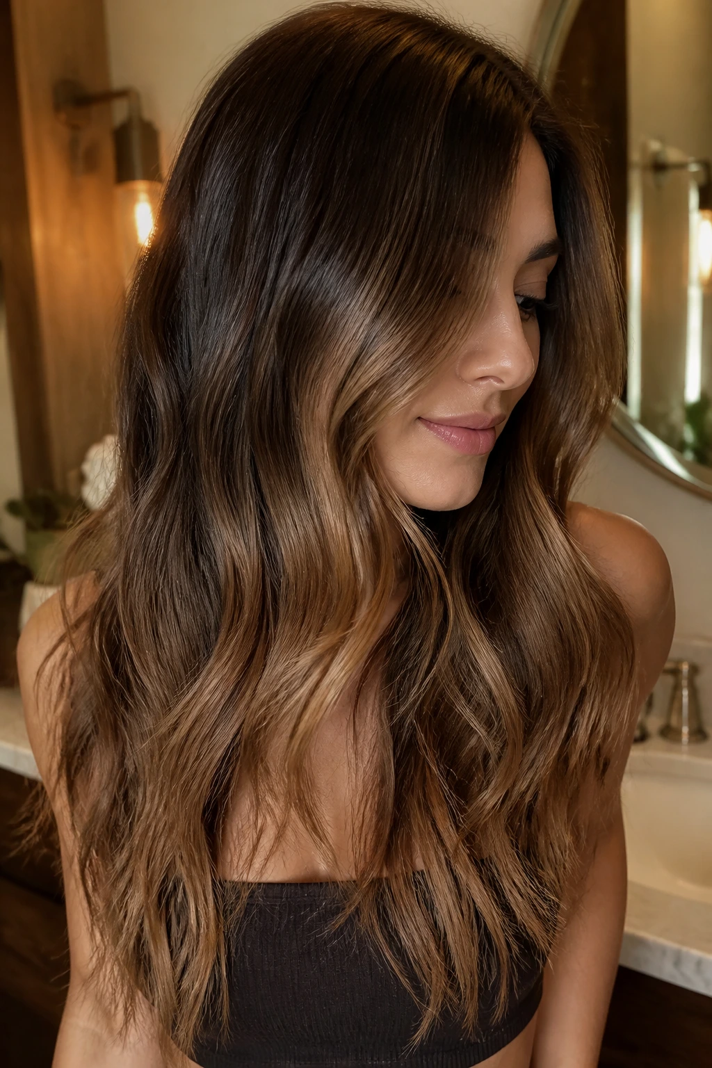 Close-up portrait of a real person with shadow-rooted brunette to caramel gradient