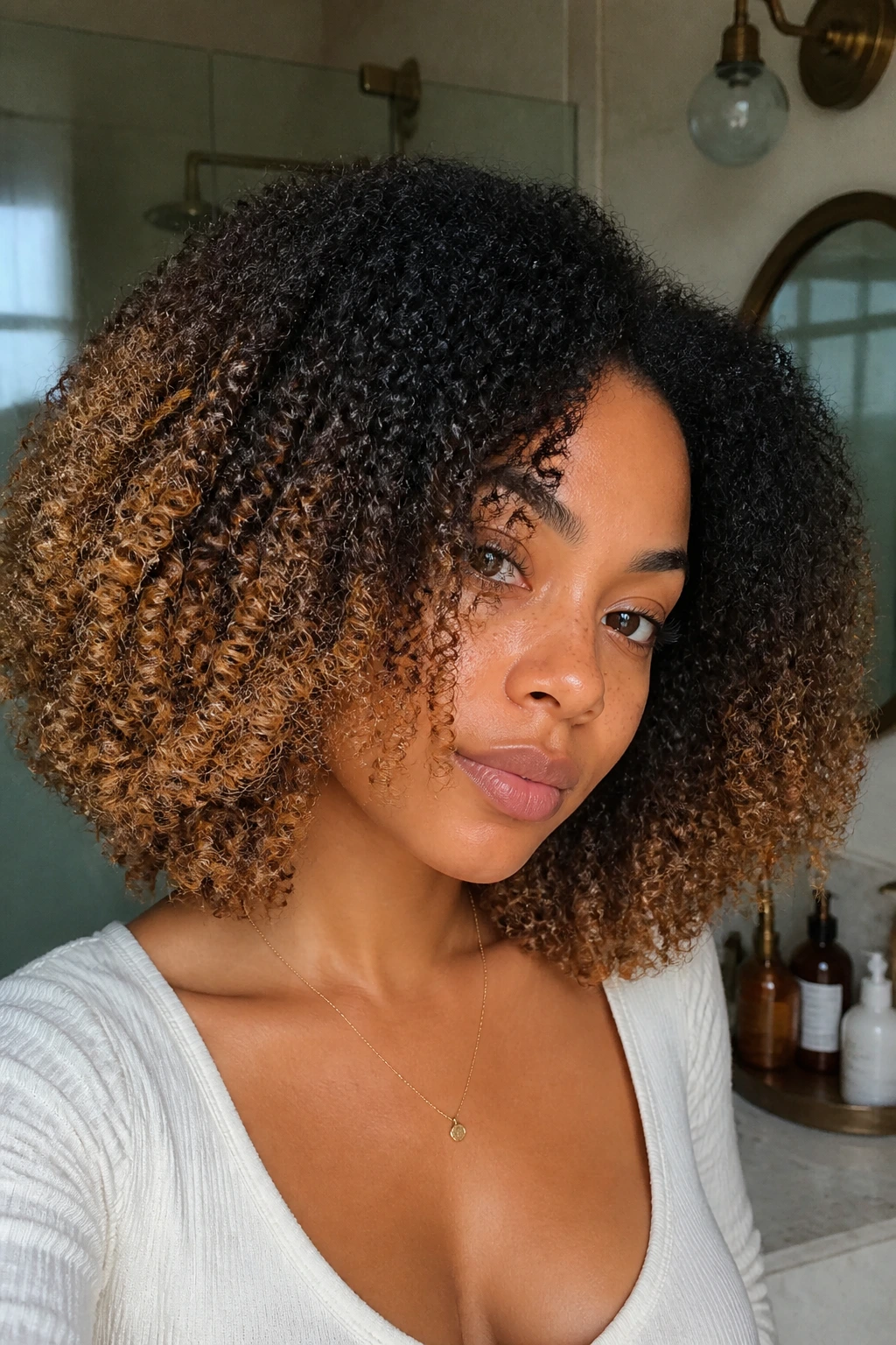 Close-up of coily hair with caramel ombre transitioning from dark roots to ends