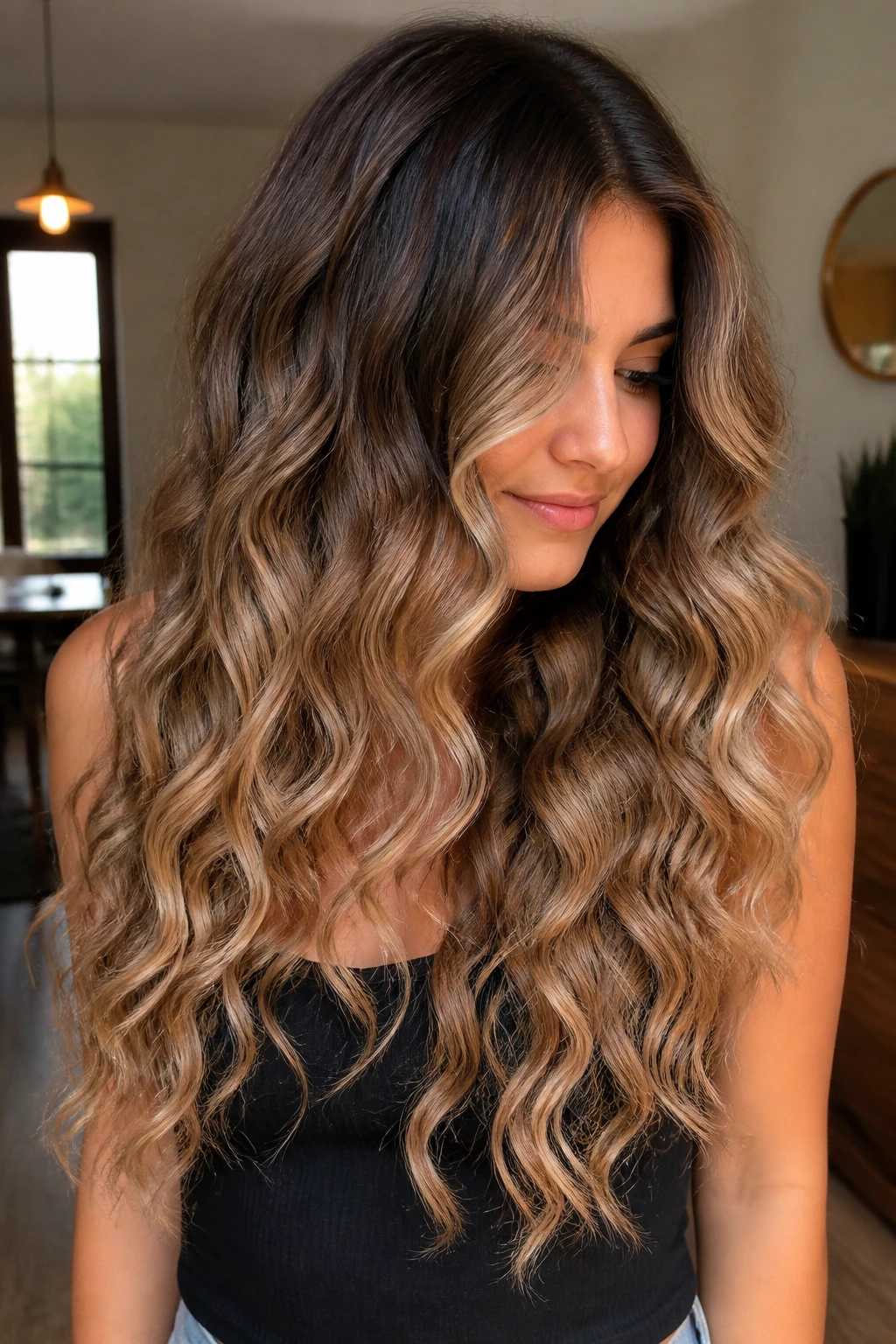 Long curls with creamy caramel ombré from root to tip