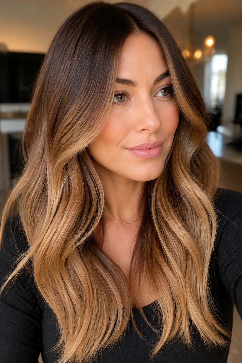 Close-up of long hair with caramel ombre ending in lighter tips in natural light
