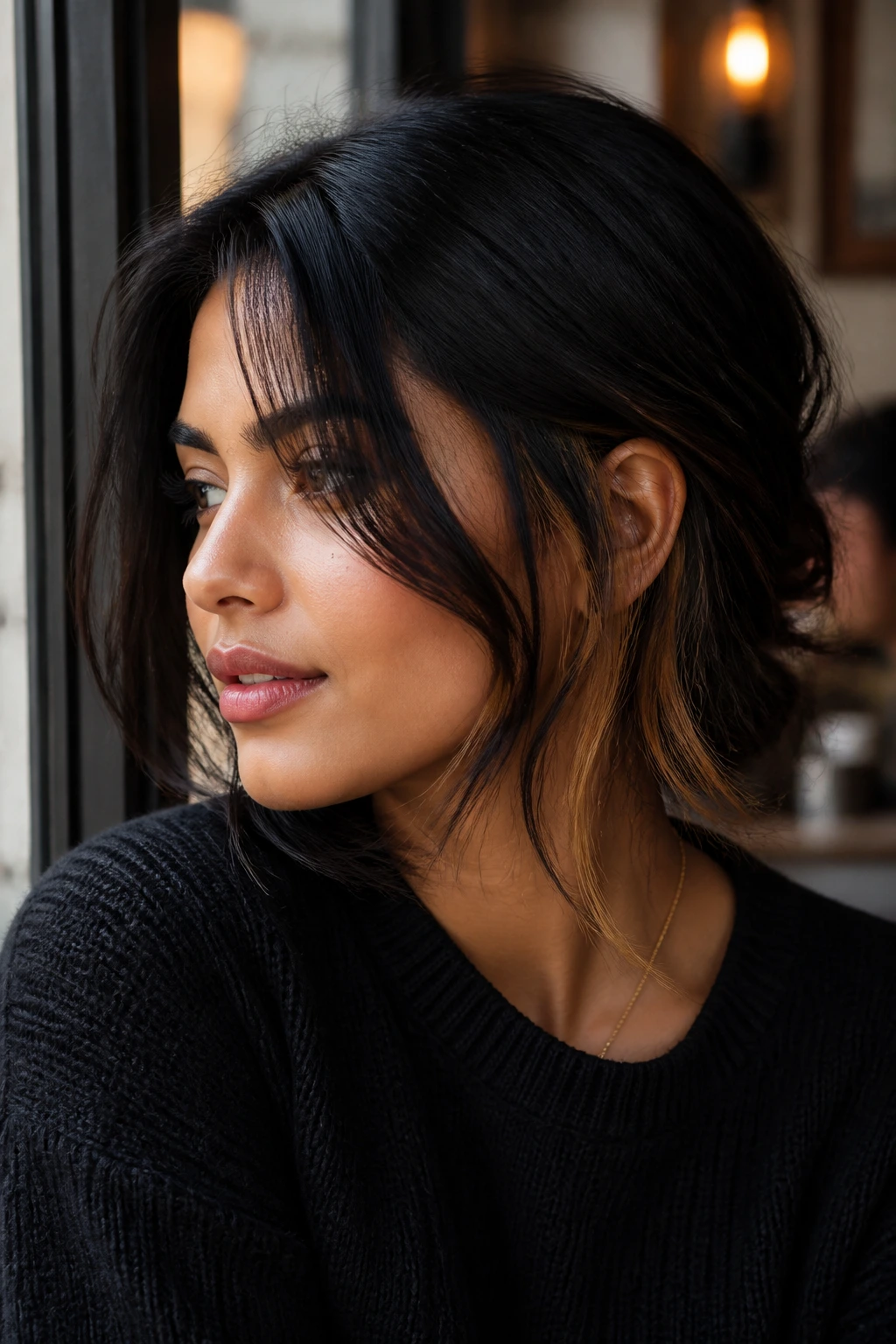 Portrait showing caramel peekaboo panels under black hair near ear