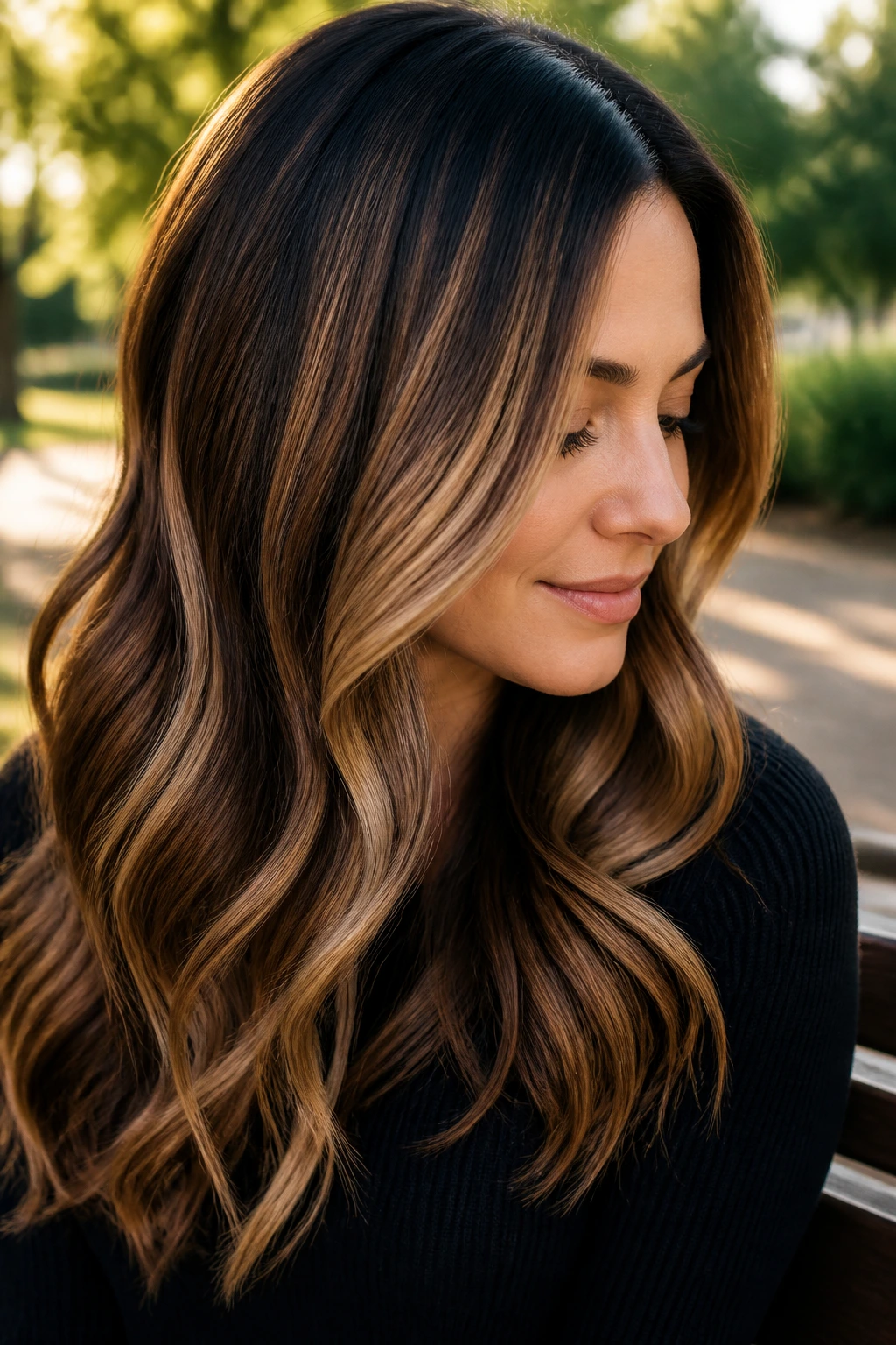 Close-up of brunette base with caramel ribbon balayage on a real person