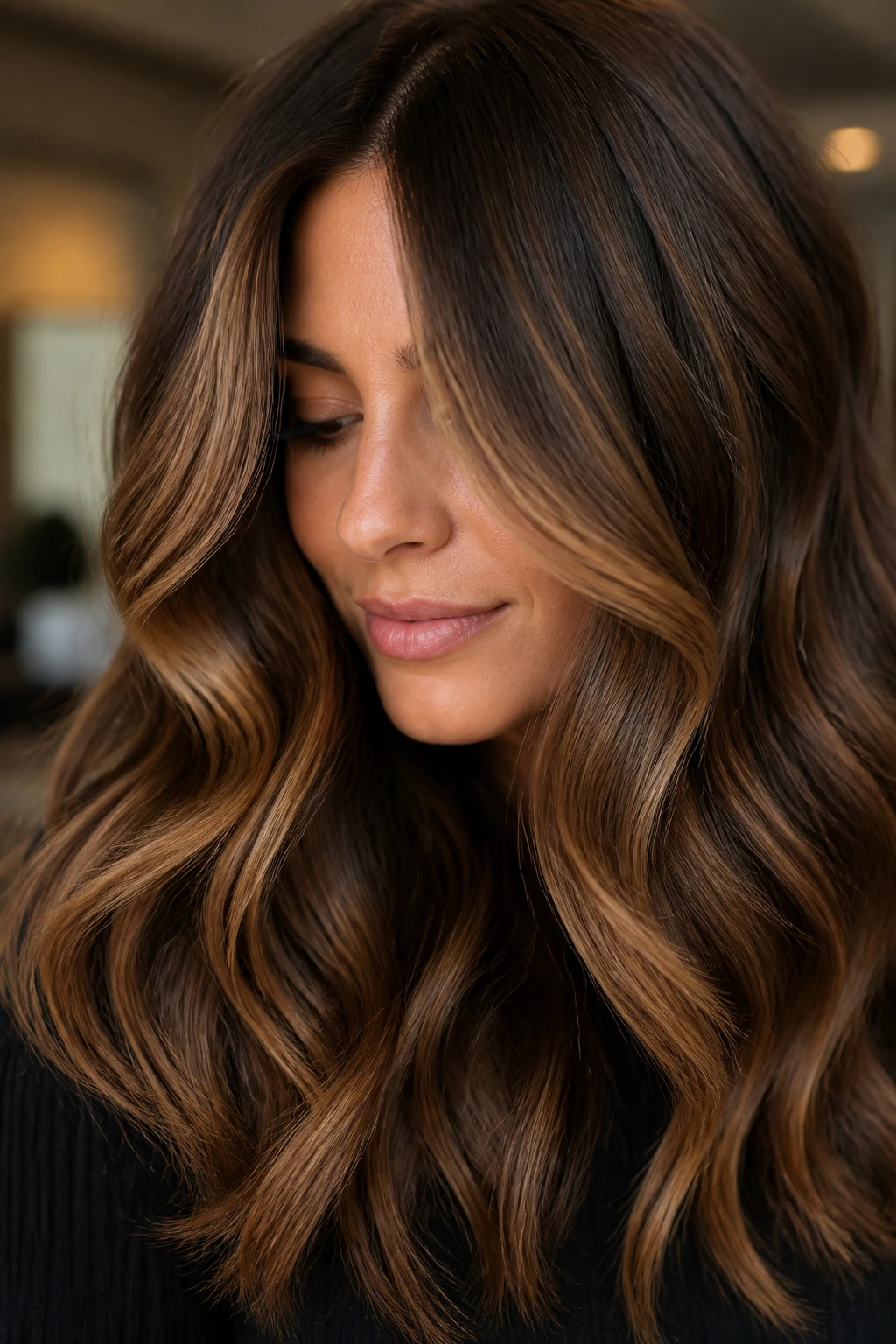 Wavy hair with soft caramel ribbons balayaged through mid-lengths