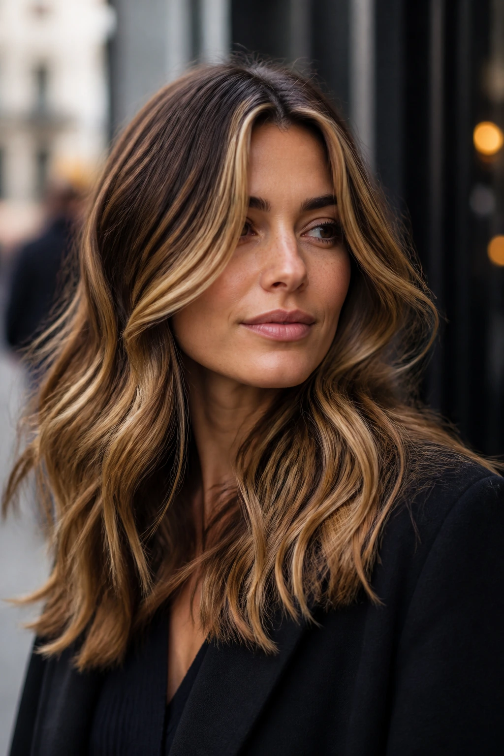 Real person with chestnut base and caramel ribbons creating warm depth