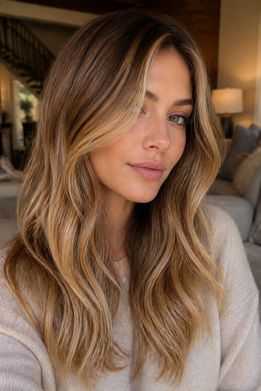 Close-up of a real woman with Caramel Ribbon Blonde hair