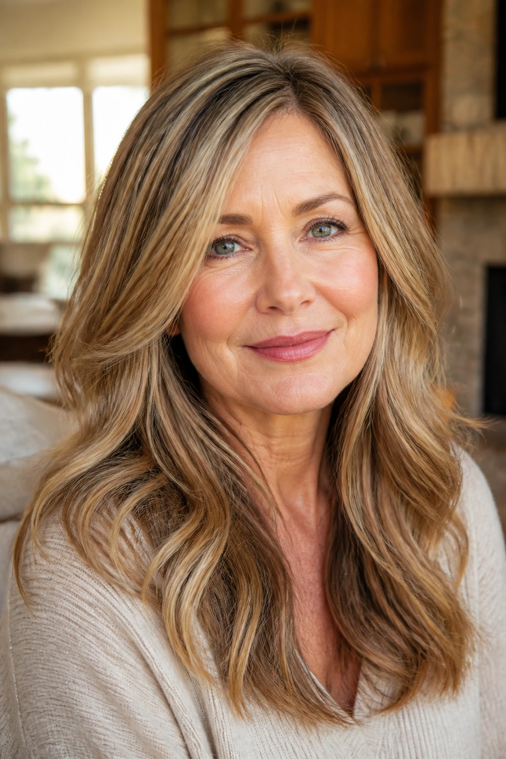 Portrait of a woman with caramel ribbon blonde hair in soft waves