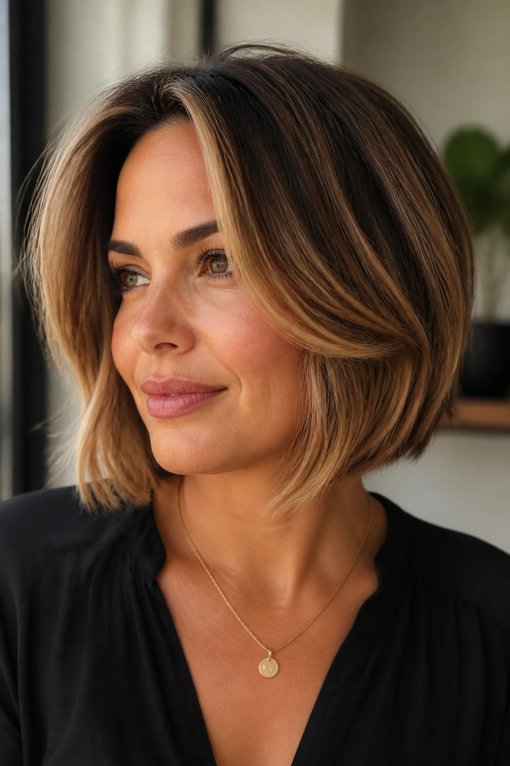 Close-up of a woman with a caramel ribbon bob and face-framing pieces in natural light