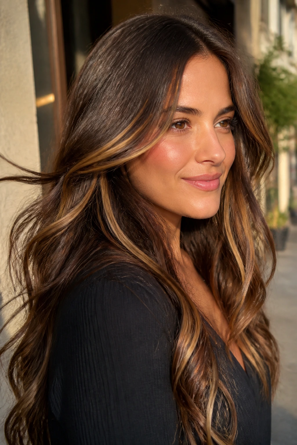 Portrait of brunette with caramel ribbons framing the face in golden hour light