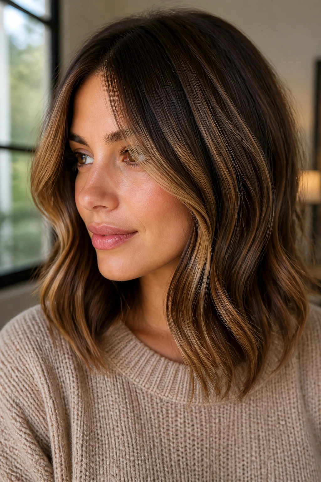 Real woman with caramel ribbon balayage on shoulder-length hair.