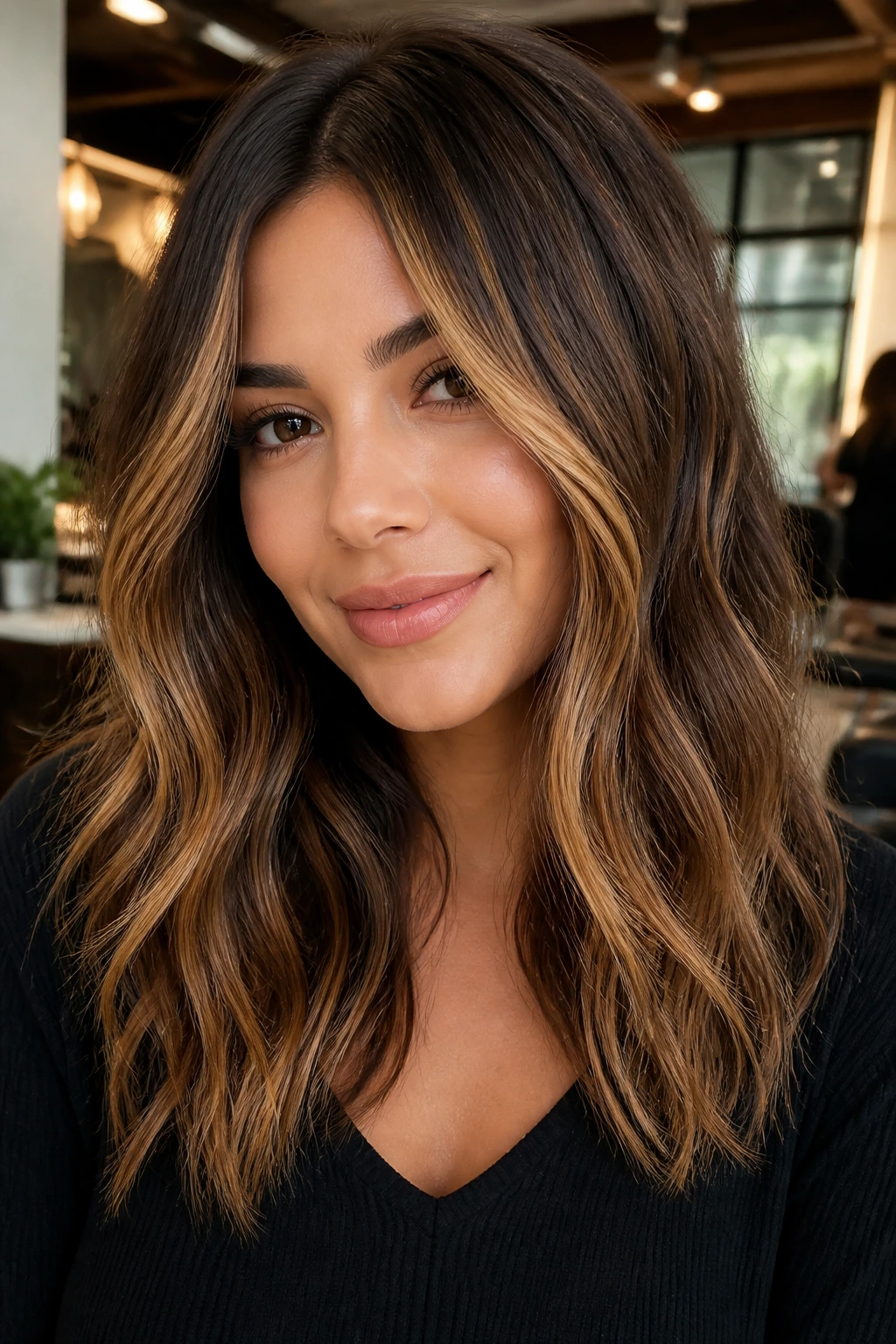 Brunette with caramel ribbons creating warm movement and face-framing brightness.