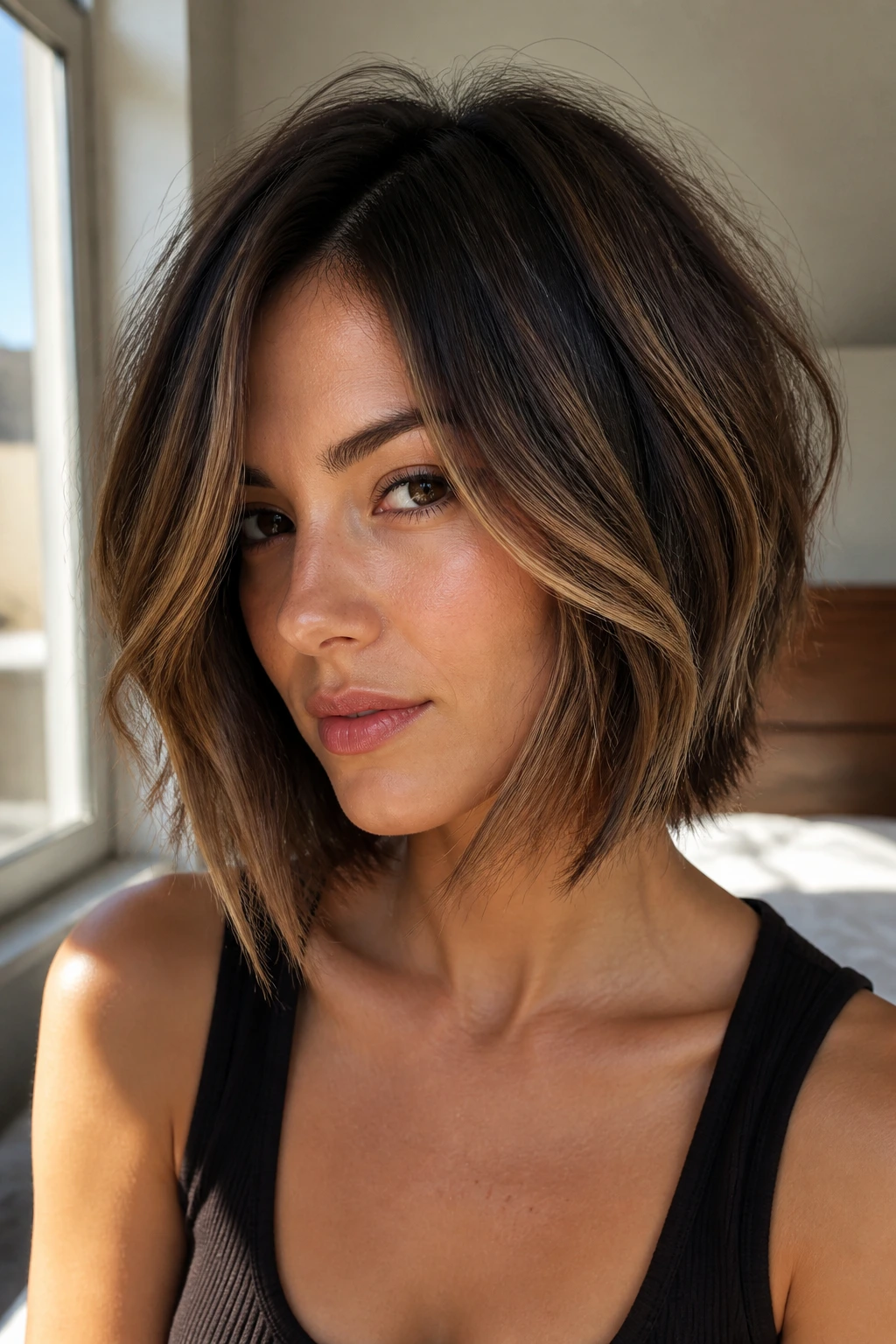 Close-up of caramel ribbon choppy bob with longer front
