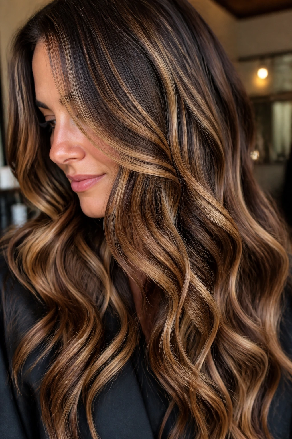 Brunette with caramel ribbon highlights in soft indoor light