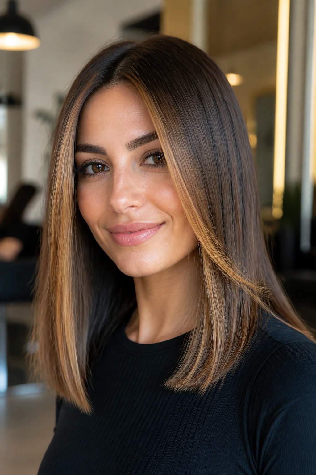 Close-up of a real woman's straight hair with caramel face-framing ribbons around the cheekbones