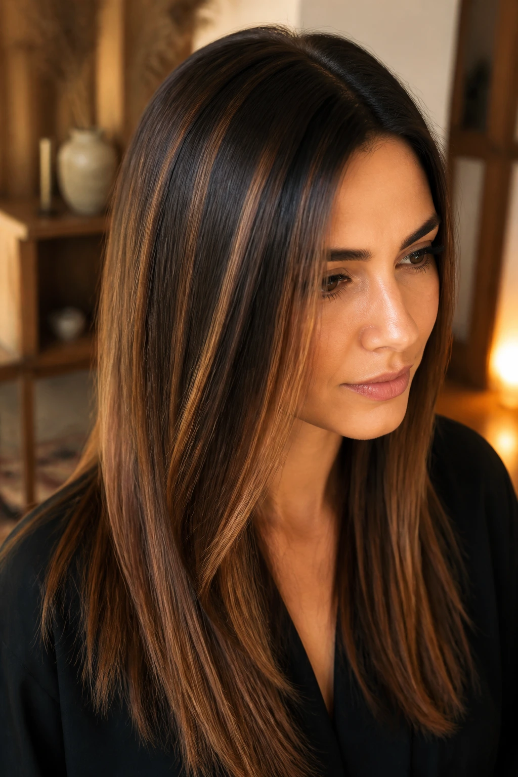 Brunette with caramel ribbon highlights around crown and temples