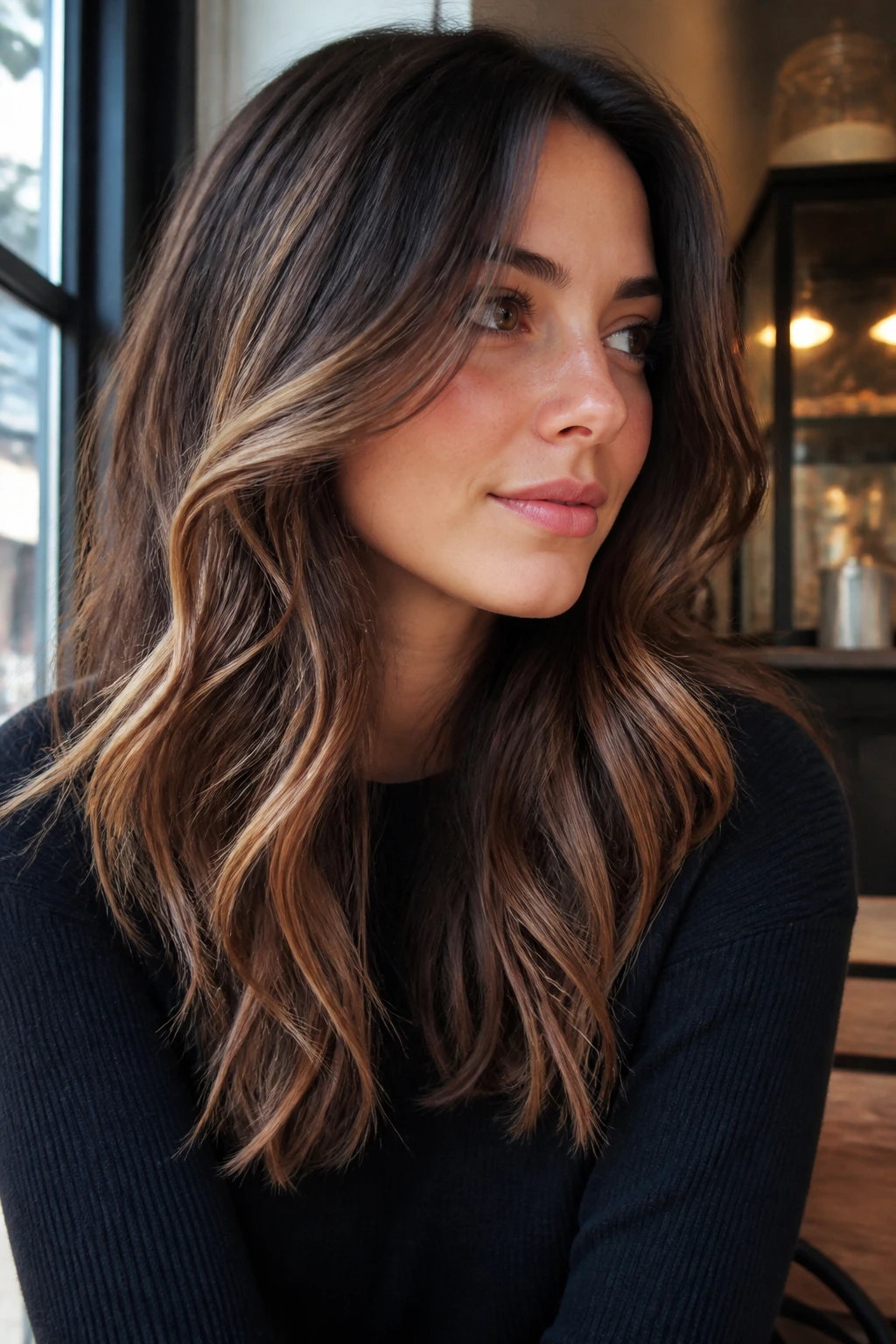 Close-up portrait of brunette hair with caramel ribbons around the face