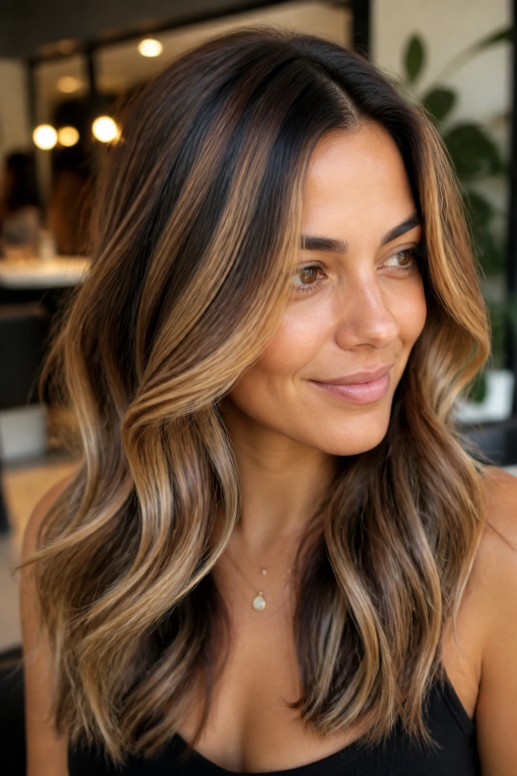 Olive-skinned person with caramel ribbon highlights woven through hair