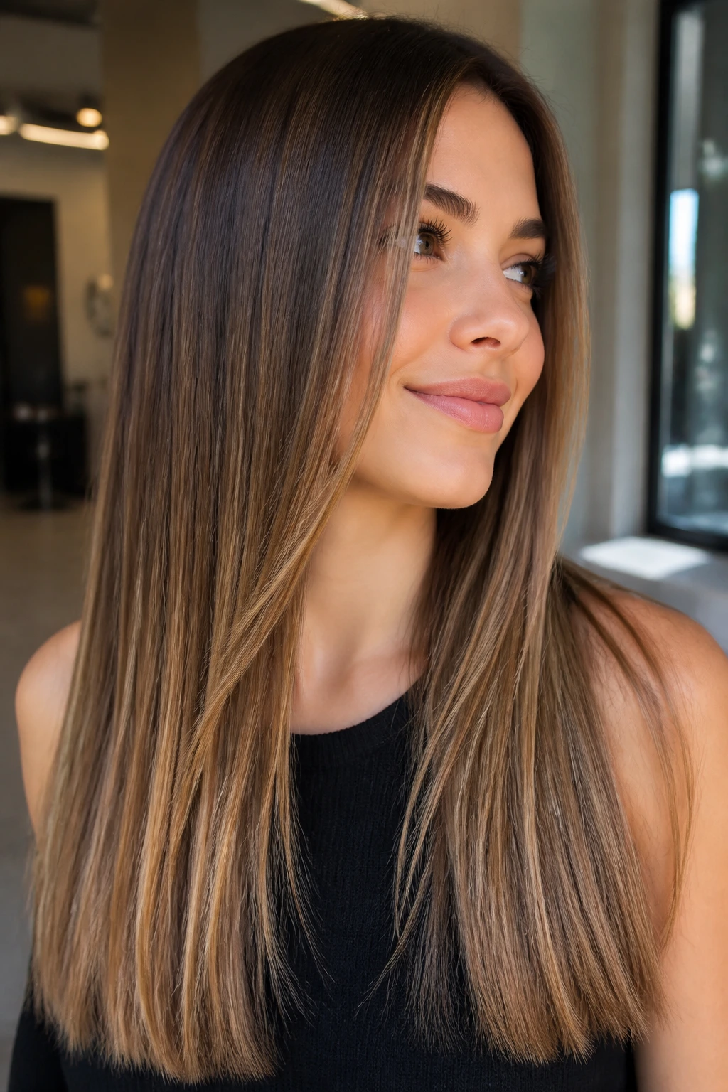 Close-up of a person with straight hair and caramel ribbon highlights