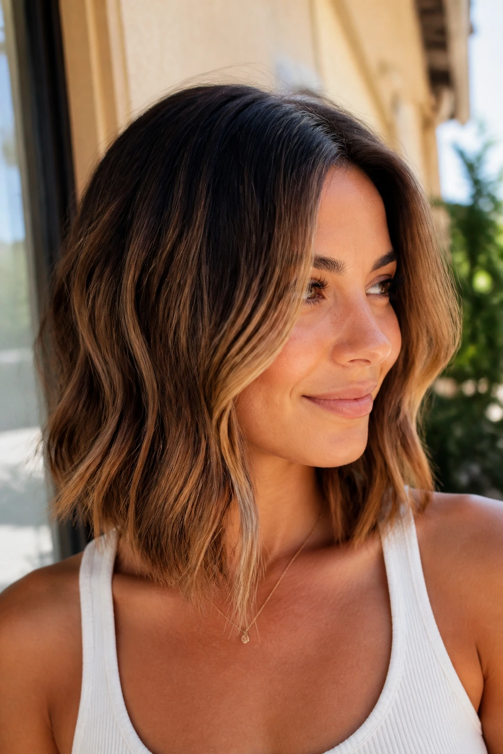 Portrait of a real woman with caramel ribbon lob balayage