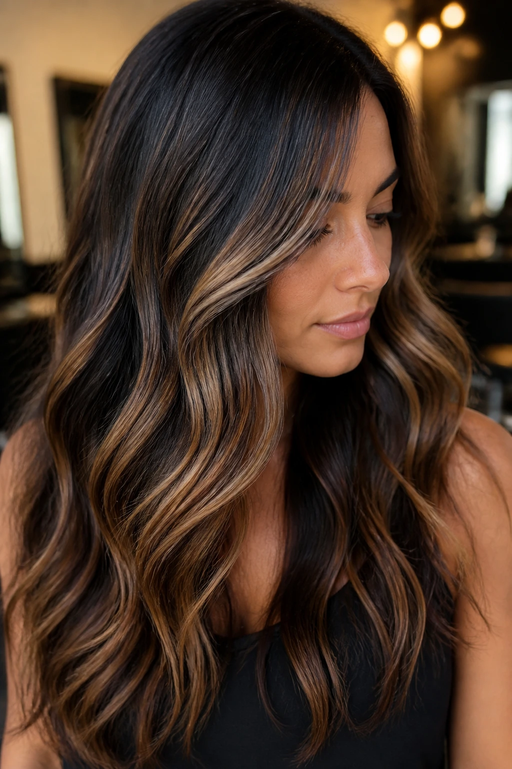 Close-up portrait of a real woman with caramel ribbon melt showing ribbons through mids and ends