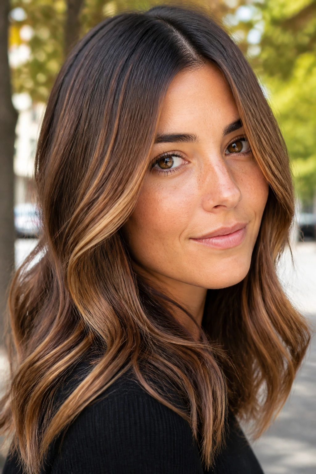 Close-up of Caramel Ribbon Ombre hair with thin caramel ribbons outdoors