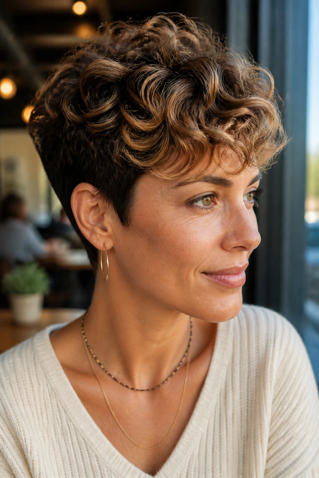 Close-up of a real person with a curly pixie cut showing caramel ribbons