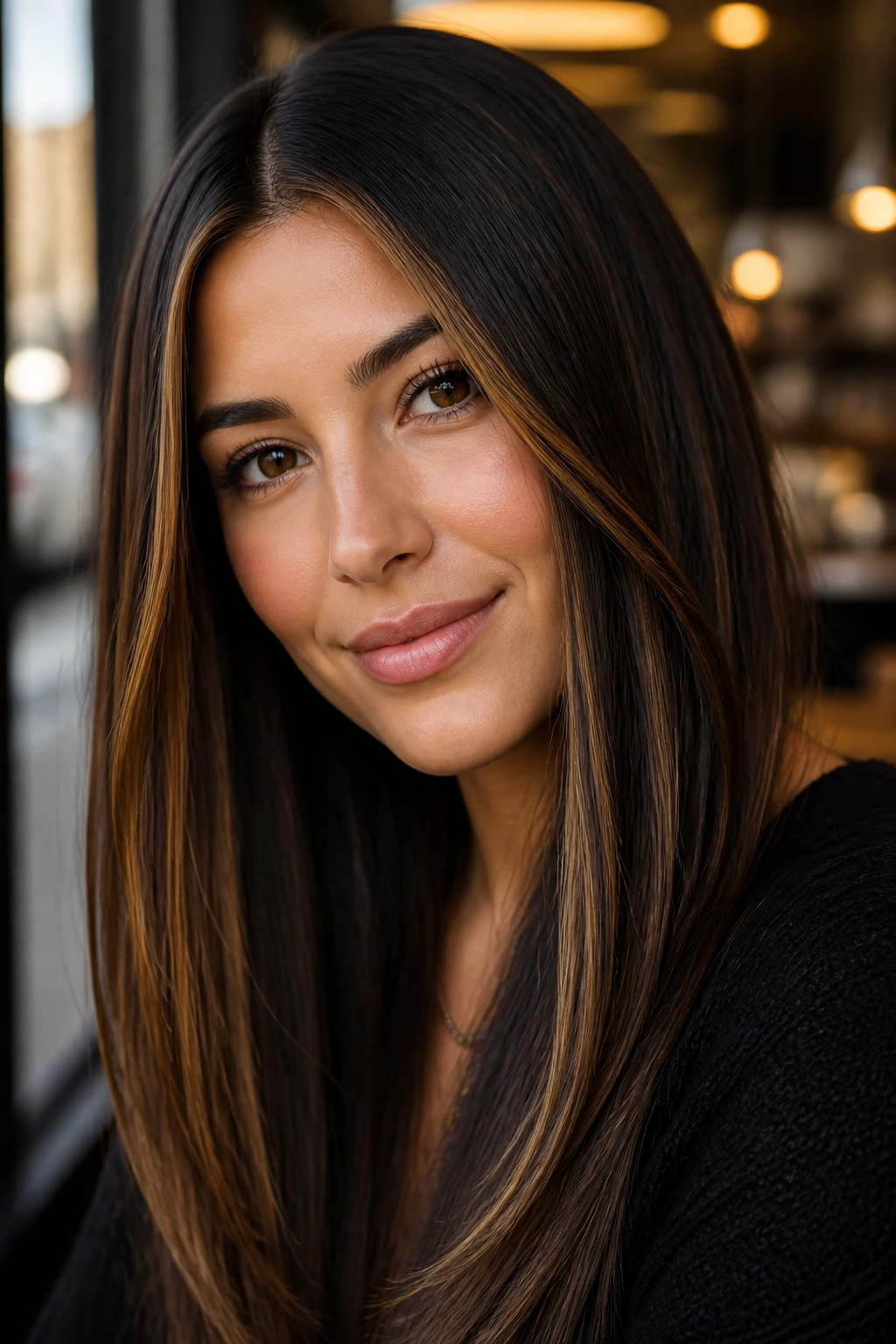 Close-up of caramel ribbon highlights through deep brunette base on straight hair