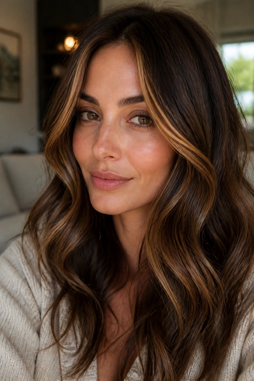 Close-up portrait of brunette with caramel ribbon highlights framing the face