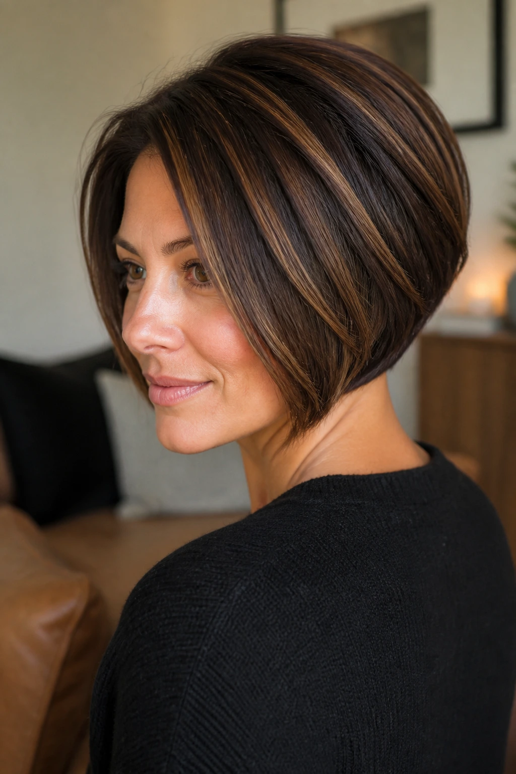 Close-up of brunette stacked bob with caramel ribbons around the face