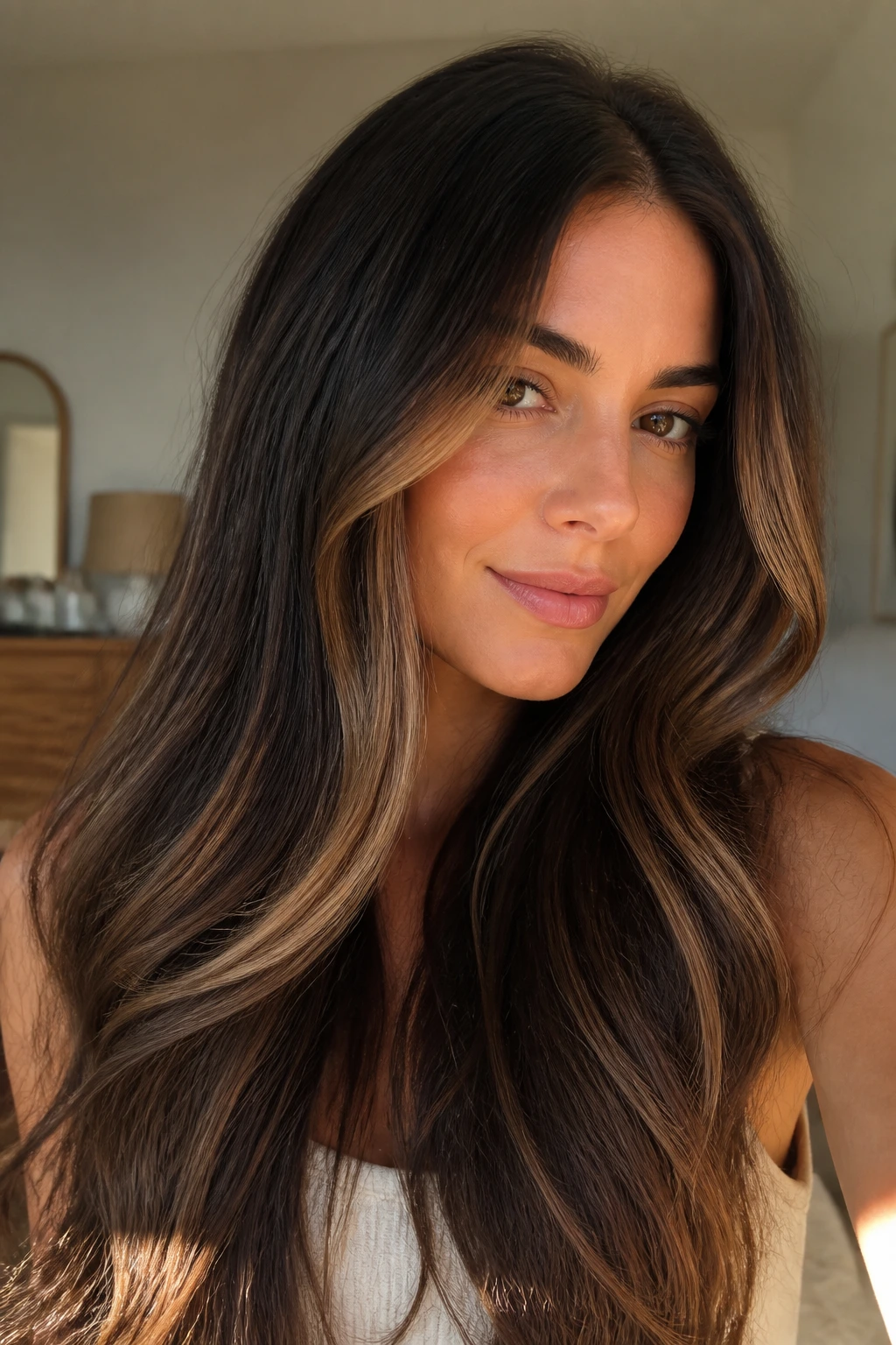 Brunette with caramel ribbons starting at cheekbones framing the face