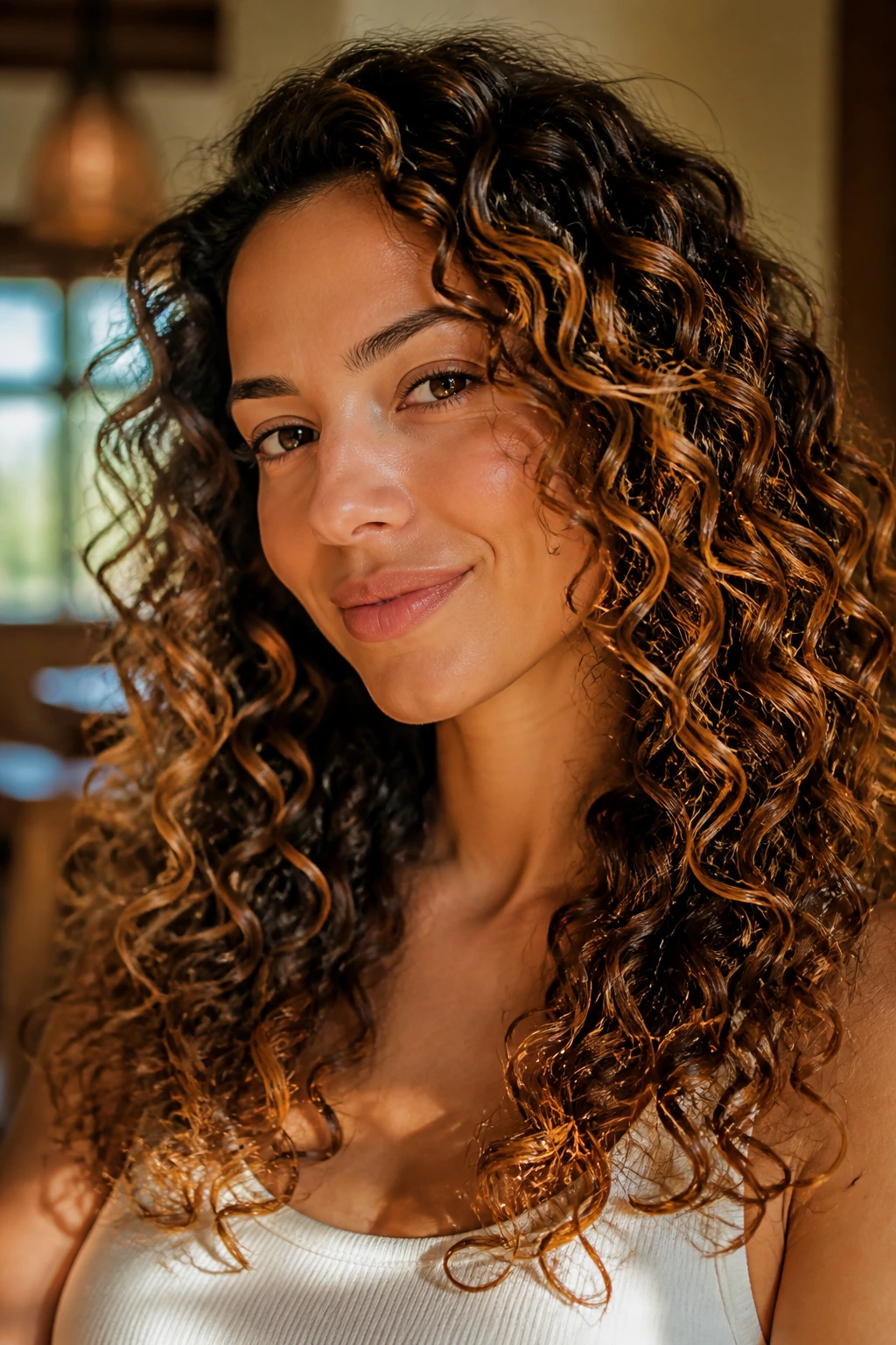 Close-up of loose ringlets with soft caramel ribbons woven through the hair