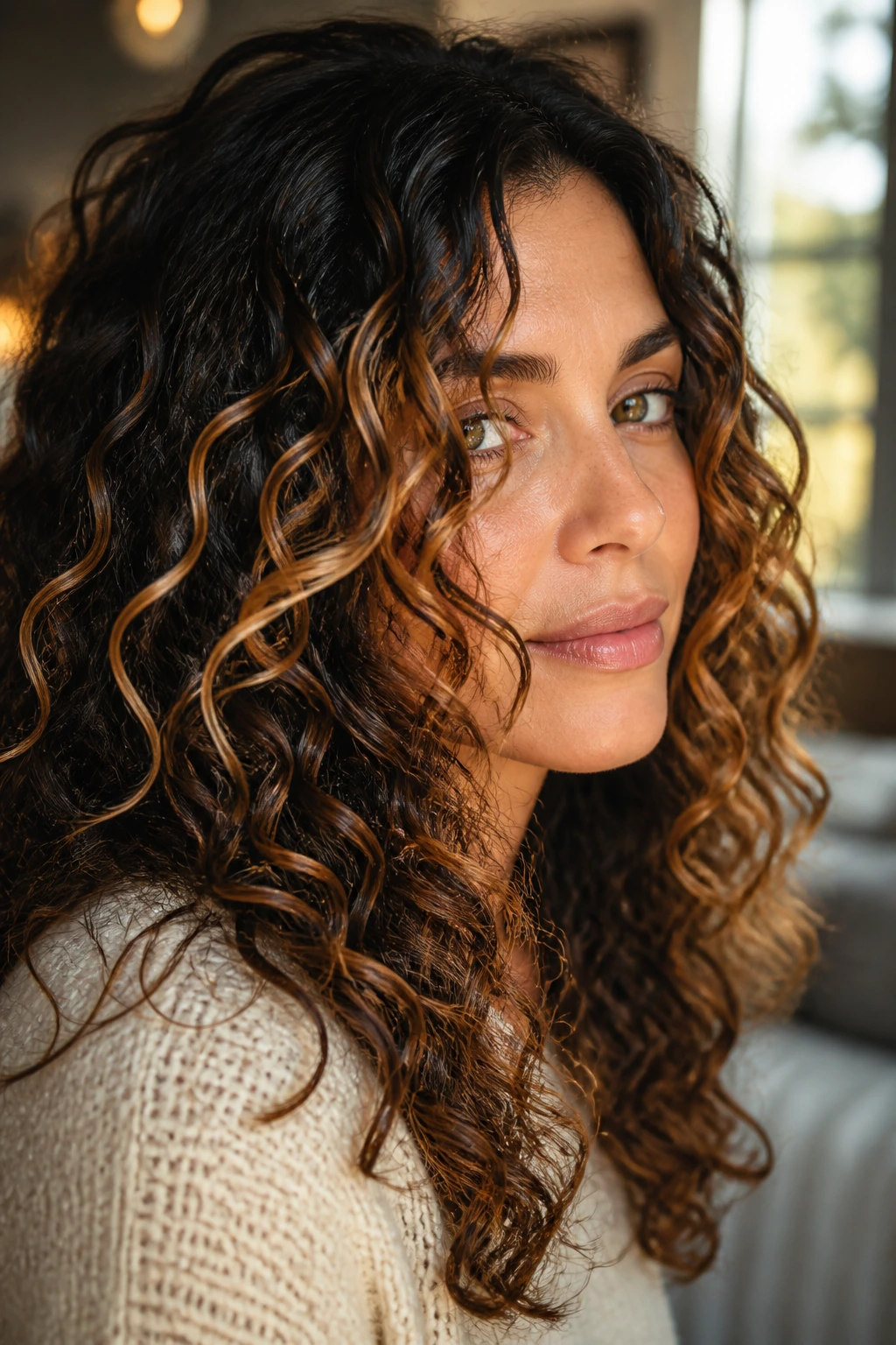 Close-up of curly hair with caramel ribbons woven through outer curls