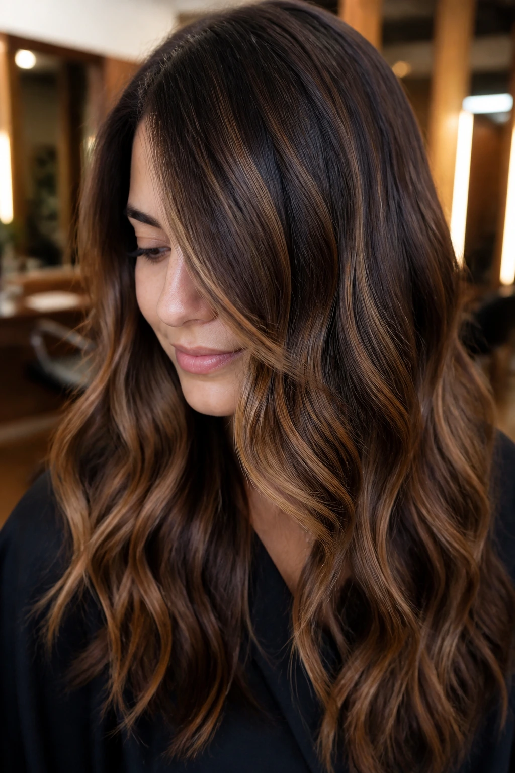 Close-up of a real woman with dark brown hair featuring caramel ribbon highlights