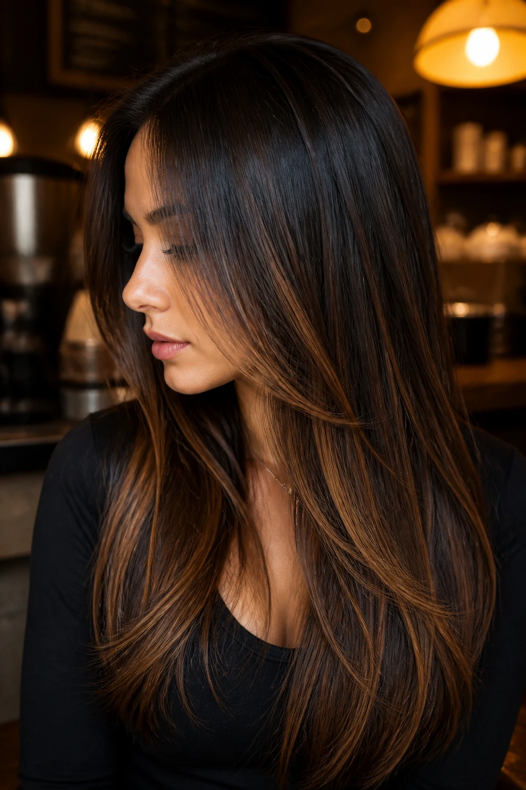 Portrait of a person with caramel ribbons in espresso brown hair