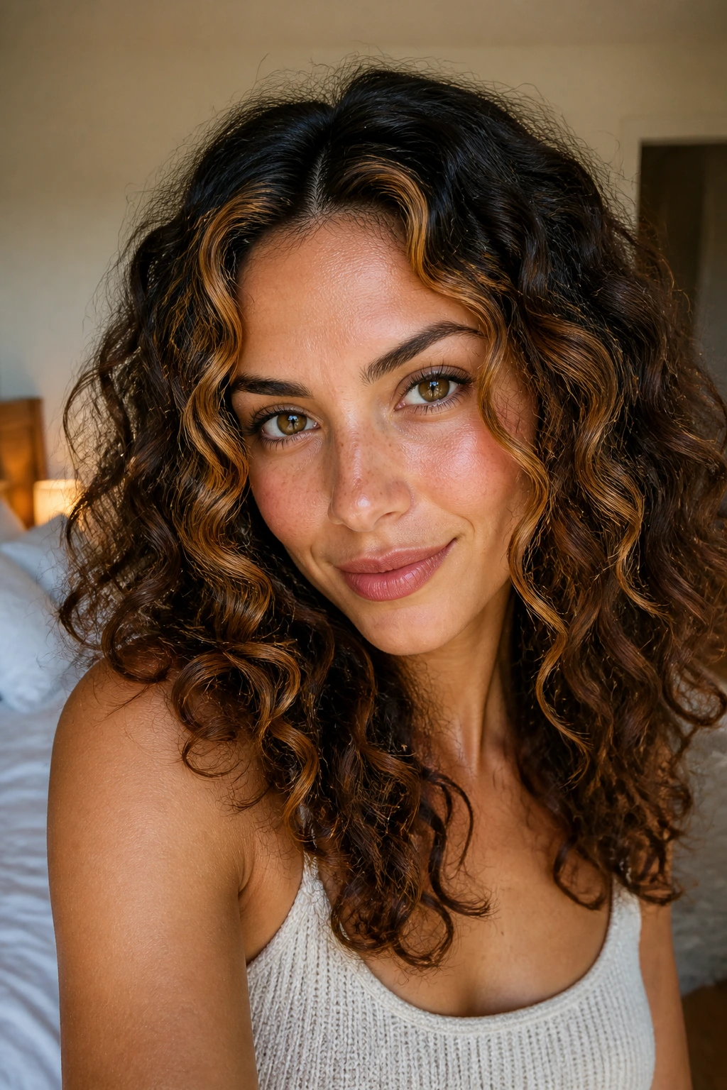 Curly hair with caramel ribbon highlights framing the face in warm sunlight.