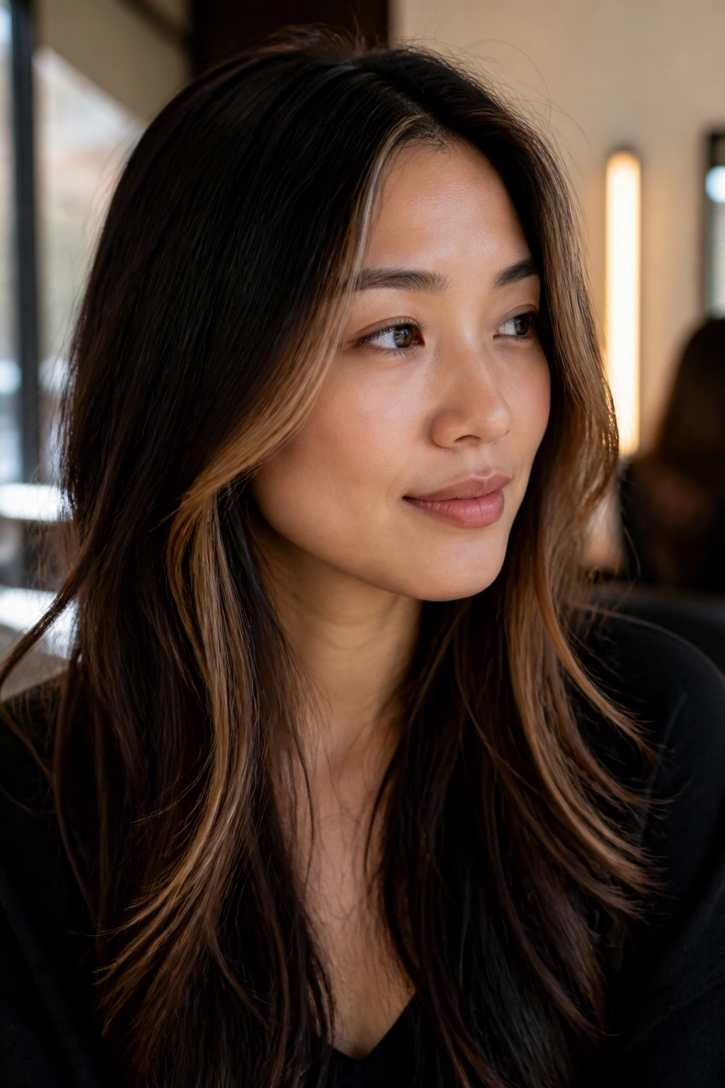 Asian woman with soft caramel face-framing ribbons in dark hair