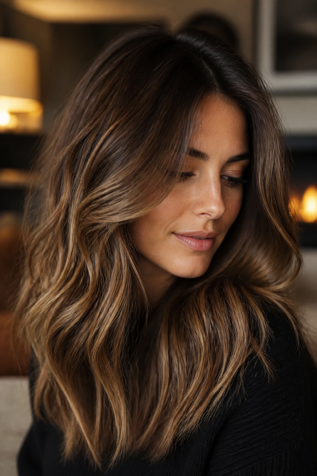 Woman with toasted caramel ribbons in mid-length hair