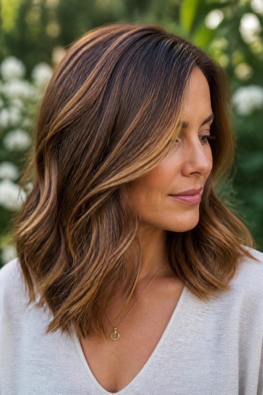 Portrait of a woman with caramel ribbon highlights through soft layers in medium-length hair