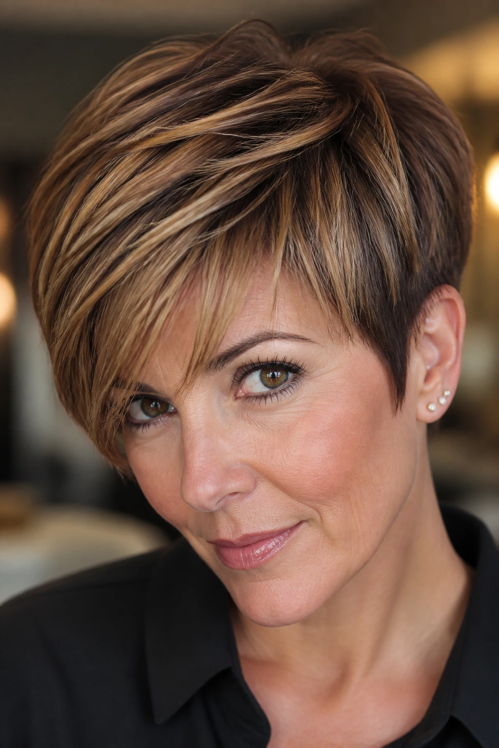 Close-up of a real person with caramel ribbon balayage on a pixie