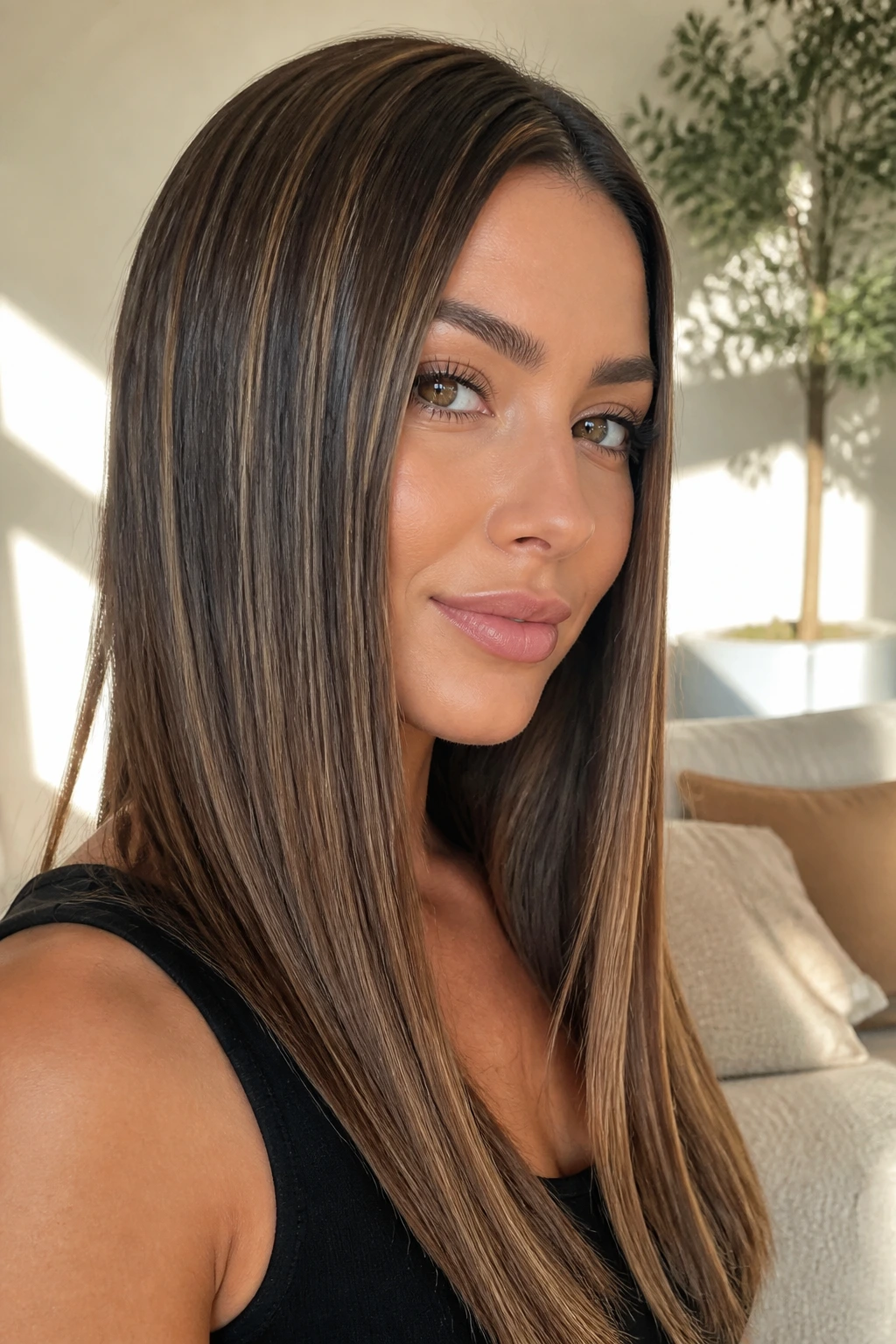 Close-up portrait of a real woman with straight brunette hair showing salted caramel ribbons in daylight