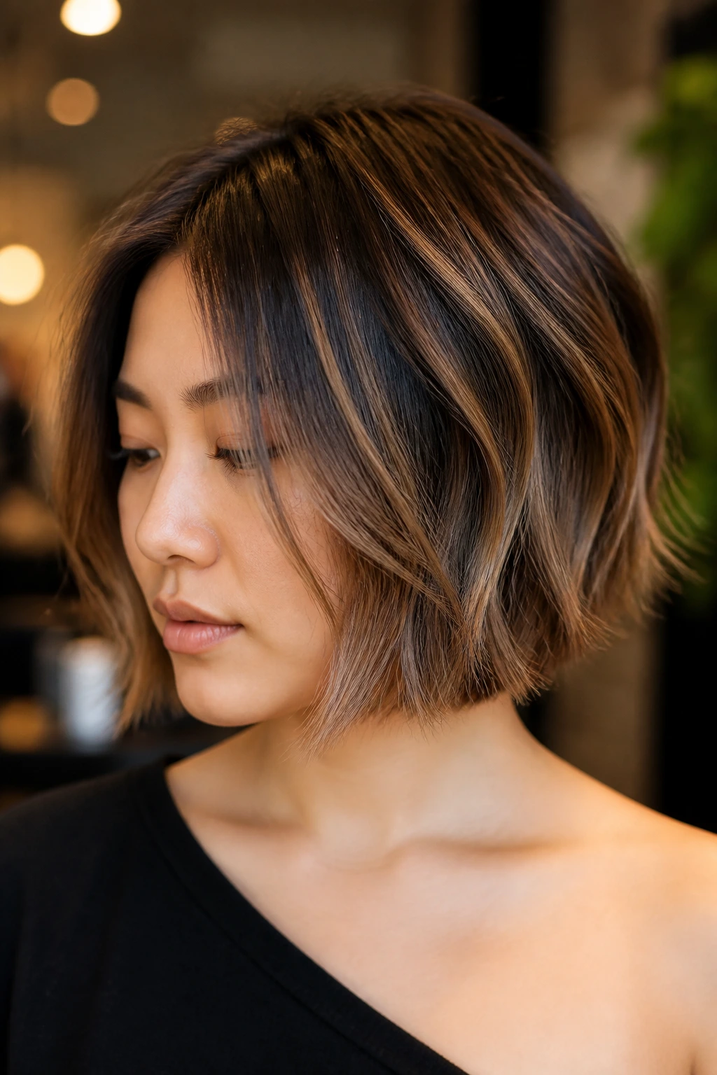 Close-up of jaw-length textured bob with caramel ribbons on a real person