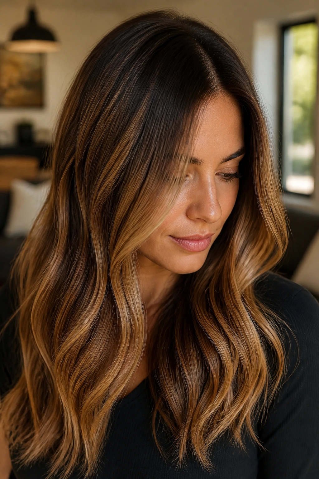 Brunette with caramel babylights and soft root shadow.