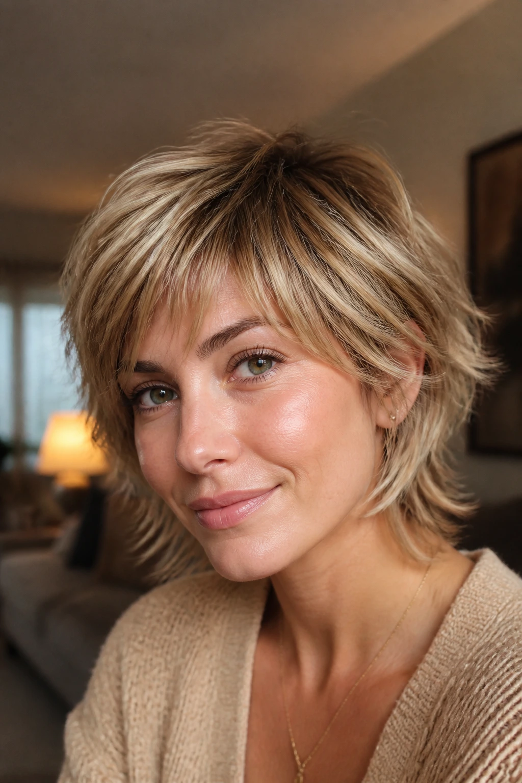Real woman with caramel-root short shag featuring soft layered texture around cheeks.