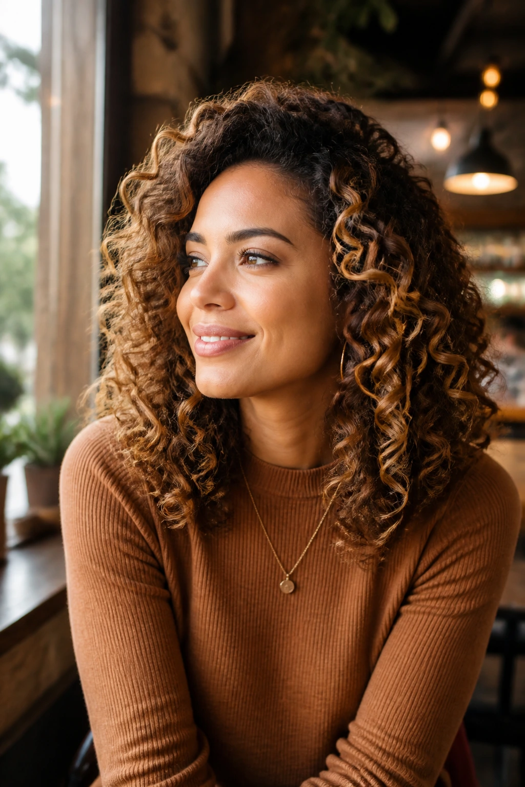 Portrait of a real person with caramel-colored curls in a cafe setting