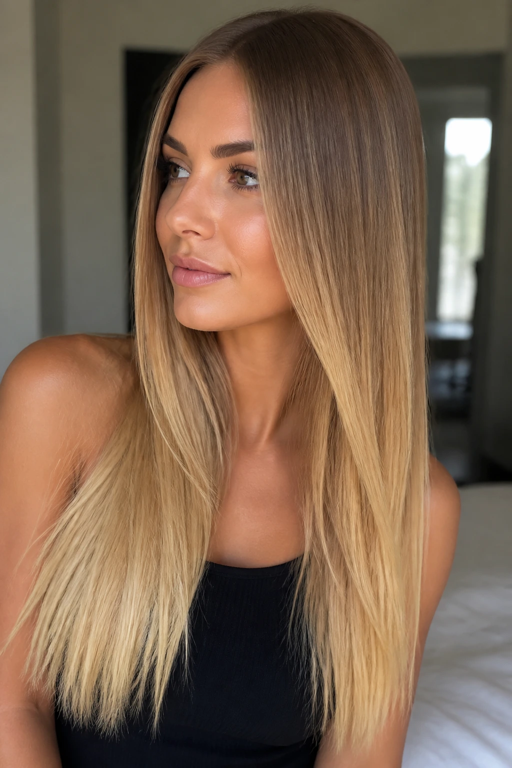 Close-up of a real woman with caramel-to-blonde sombre hair gradient on straight hair