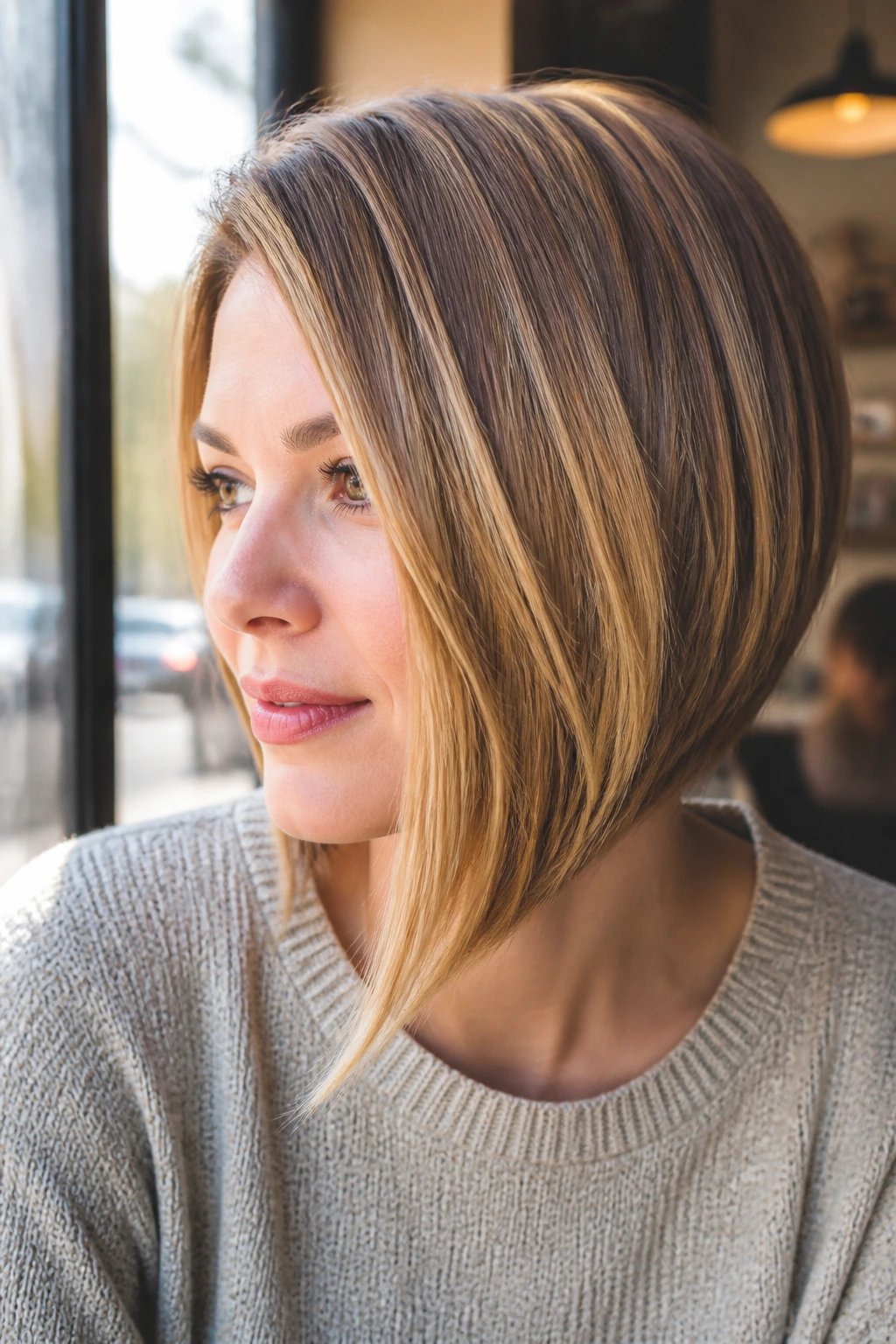 Real woman with caramel swirl highlights in an A-line bob showing interior ribbons.