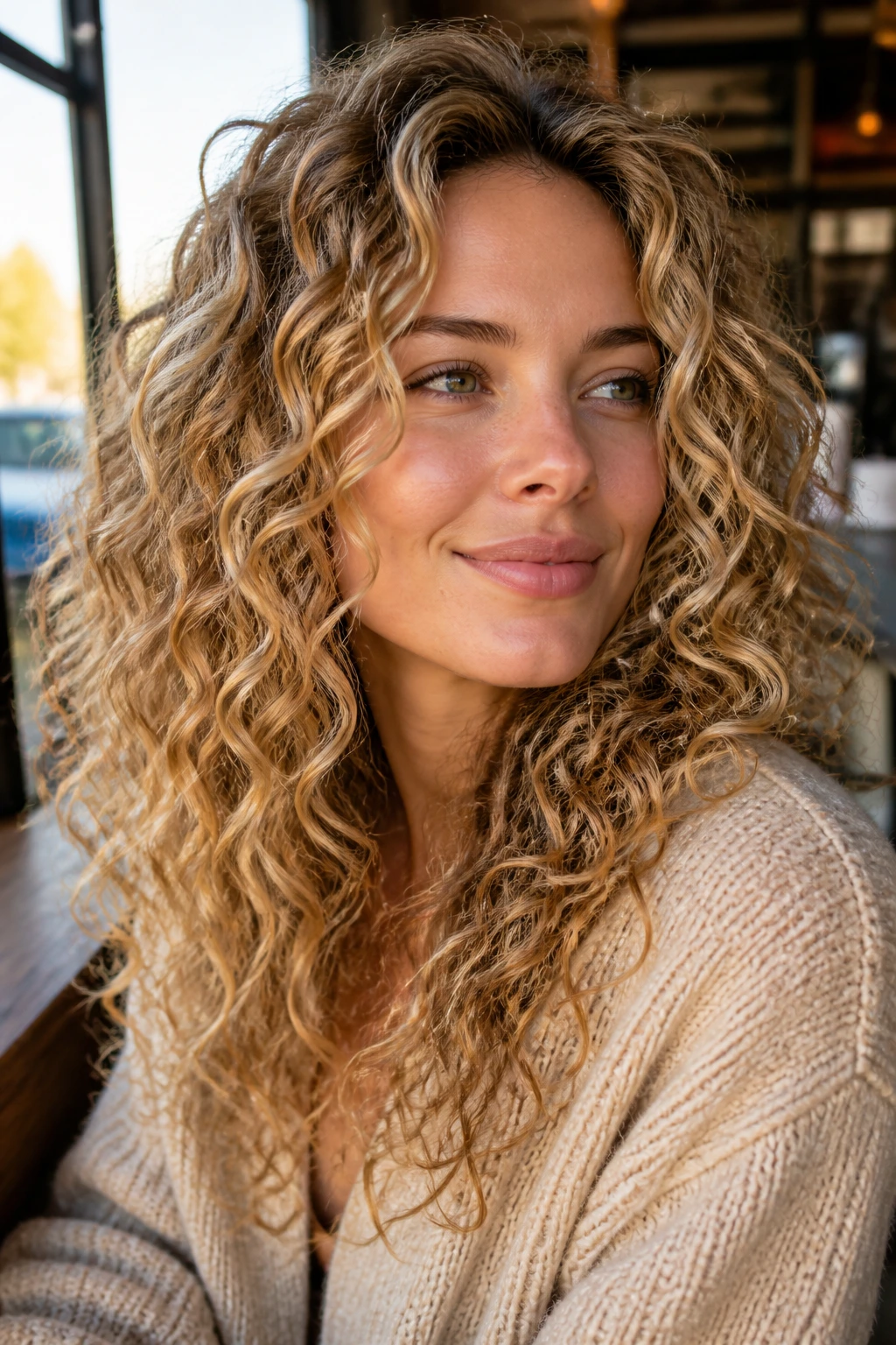 Close-up of a real woman with caramel lowlights threaded through blonde curls in a warm cafe window setting.